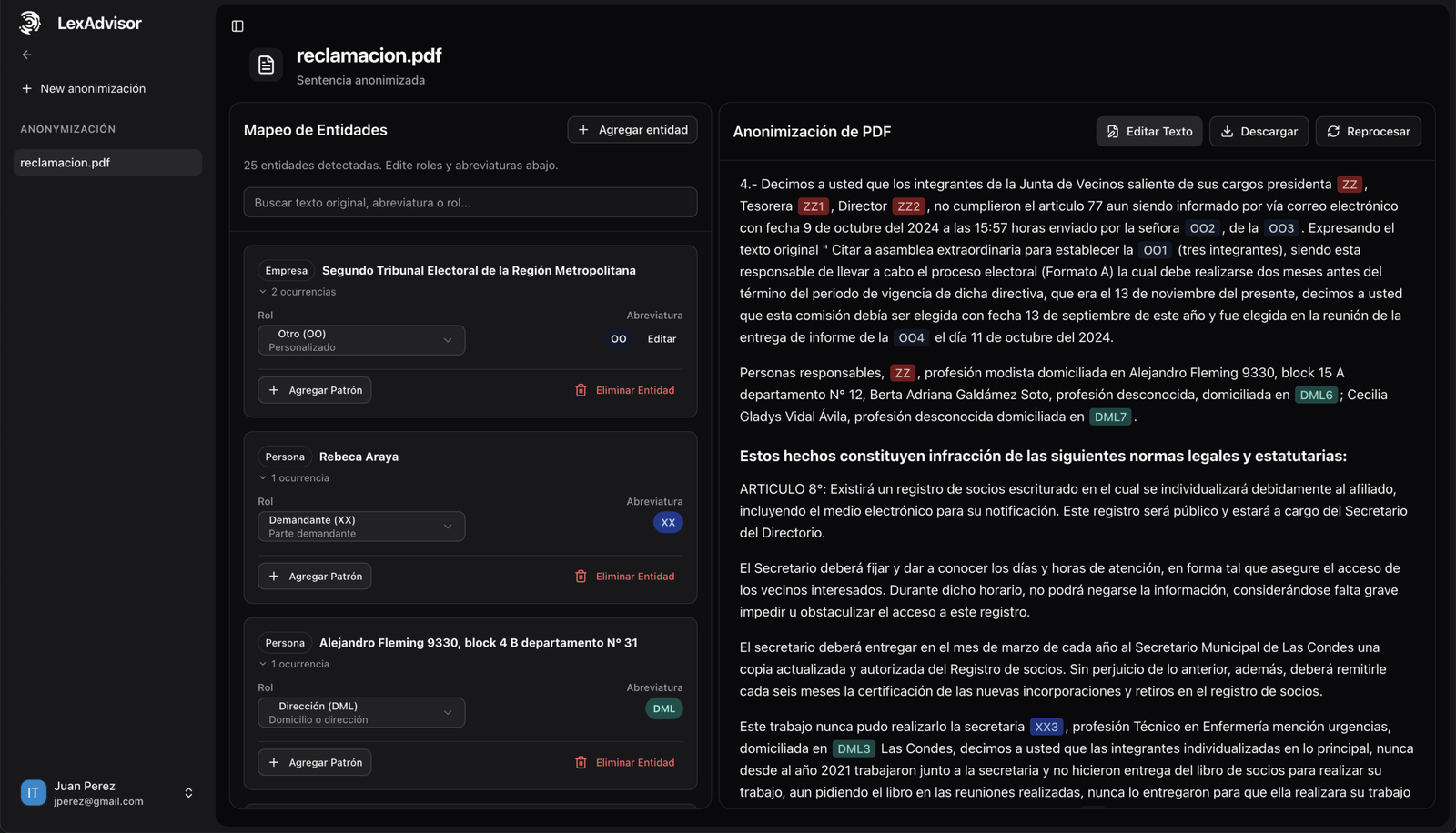 Vista del anonimizador de documentos