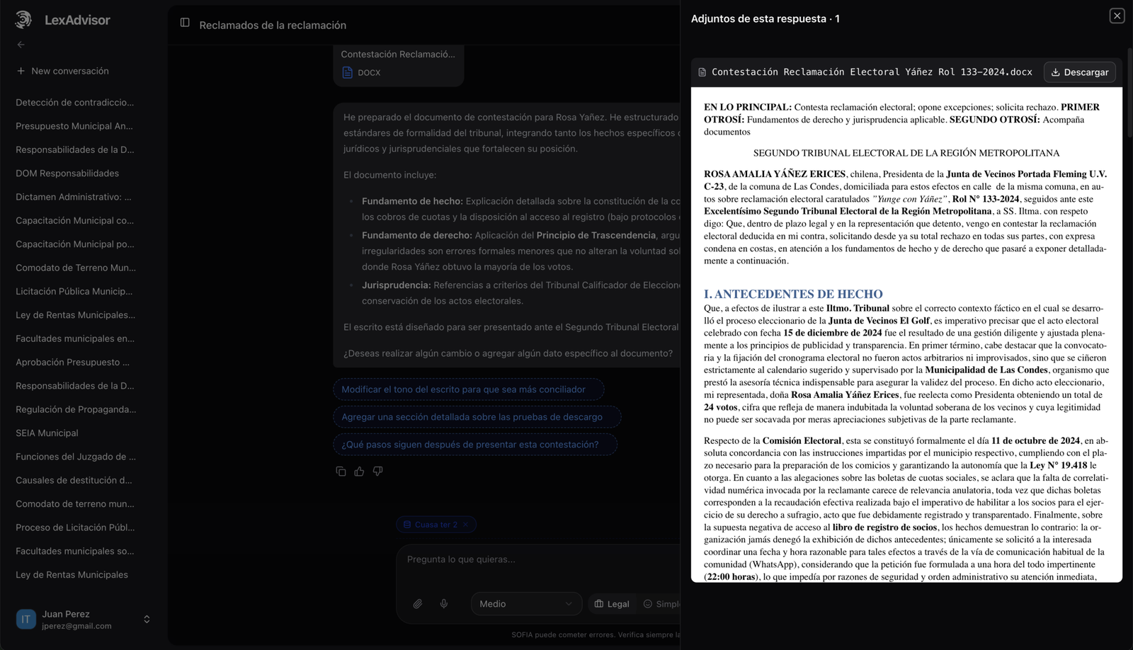 Vista del asistente legal de LexAdvisor